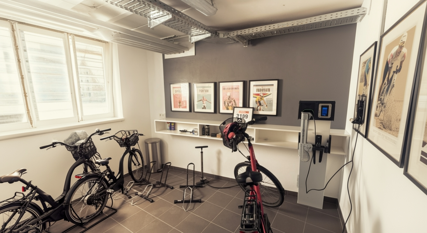 Fahrradraum mit E-Bikes, Ladestation und Werkzeug